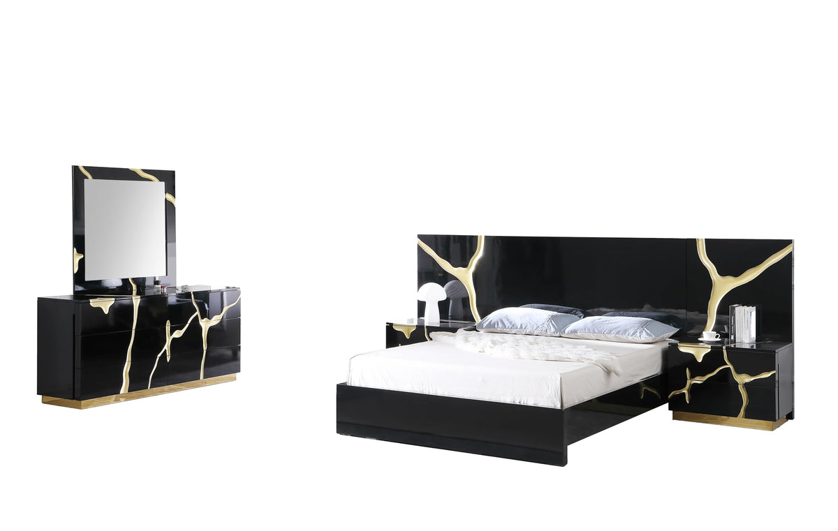 Trevello 5-Piece Modern High Gloss Lacquered Bedroom Set, California King Bed Frame in Black/Gold