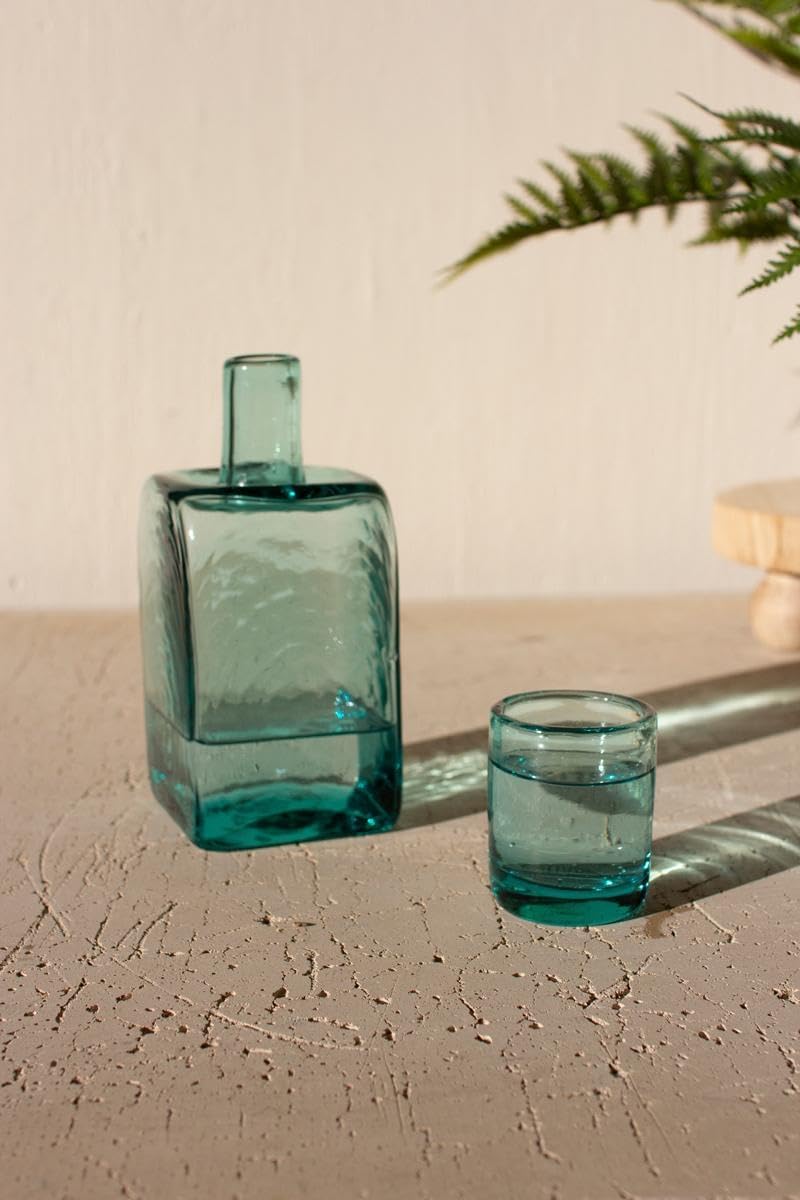 Hand-Blown Recycled Glass Bedside Carafe with Drinking Glass Lid - Square Green-Tinted Water Set