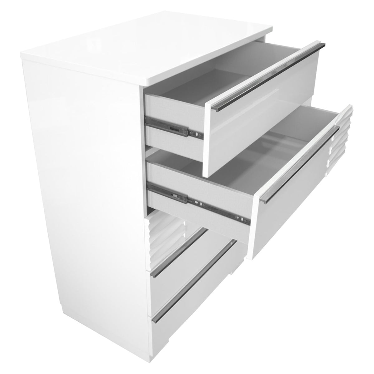 Athen 30" 5-Drawer Chest with Chrome Pull Handles, White High Gloss Lacquer Finish - detail view