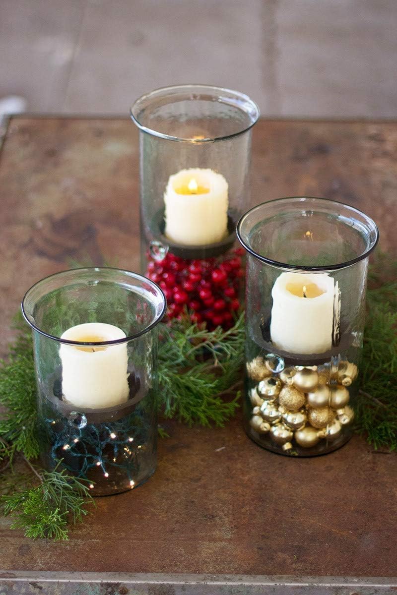 10-Inch Glass Hurricane Pillar Candle Holder with Rustic Metal Insert for Table Centerpieces