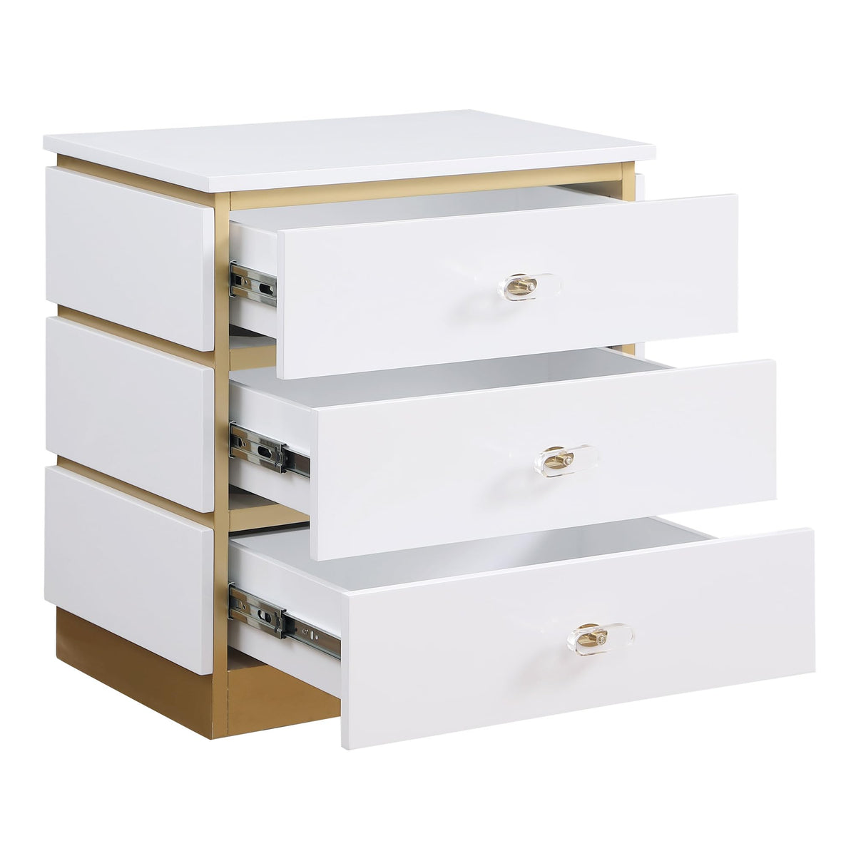 Terry Contemporary Gold Side Table with Clear Acrylic Handles in White - room setting