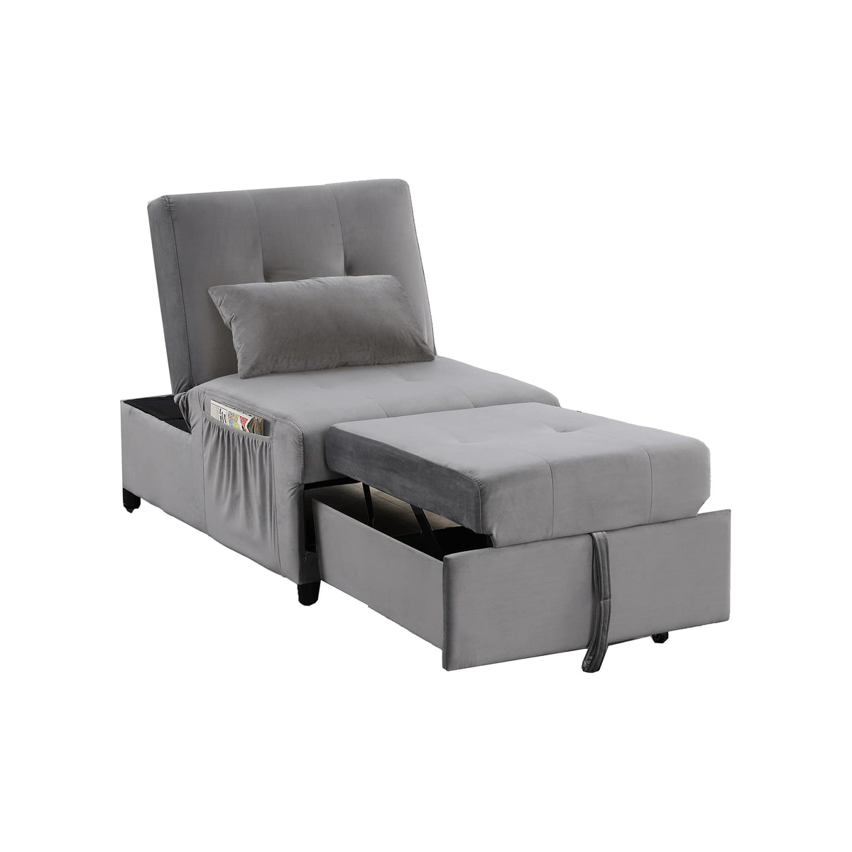 Bayani Velvet Adjustable Sleeper Lounge Chaise in Gray