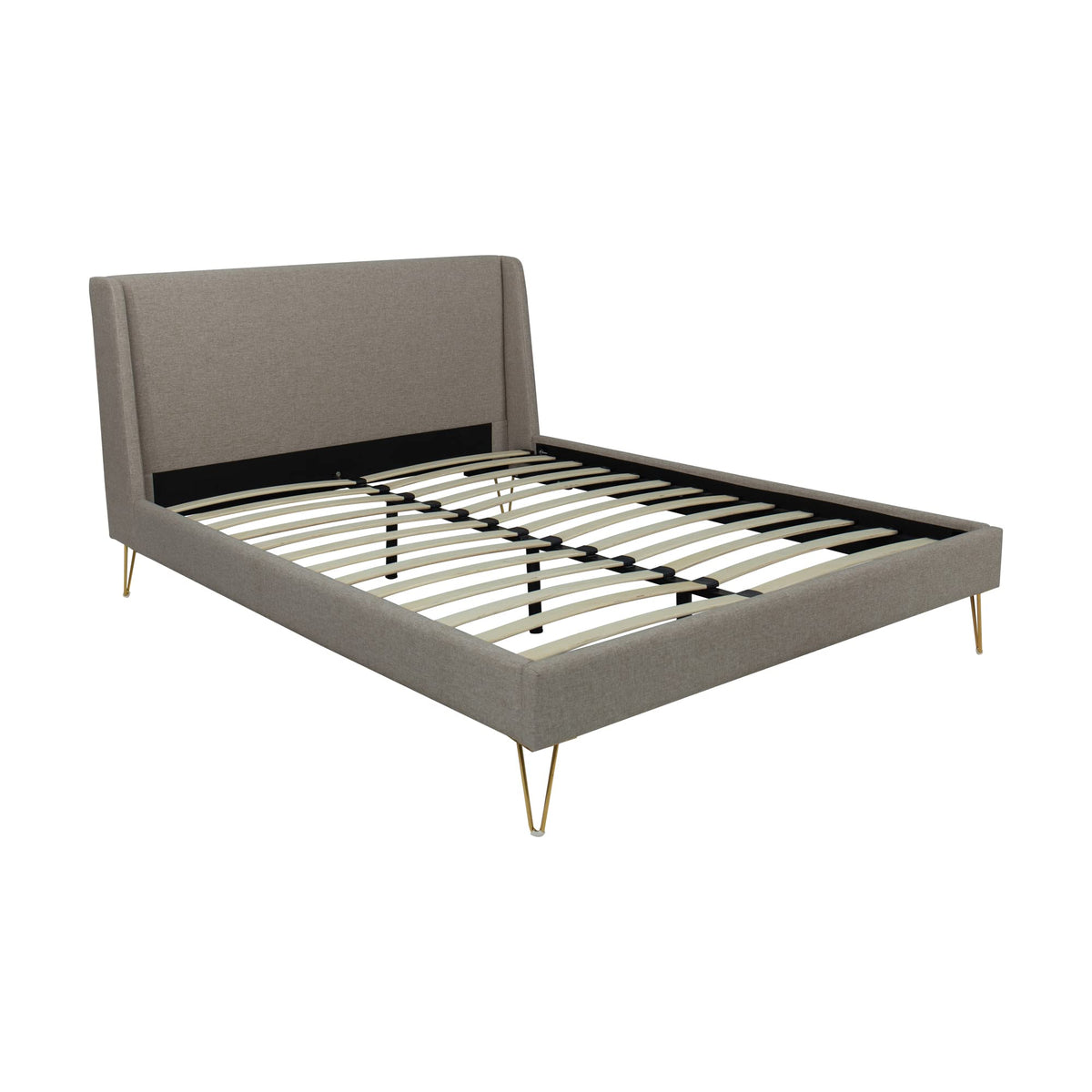 Gray Upholstered Bed with Angled Brass Legs – image 2