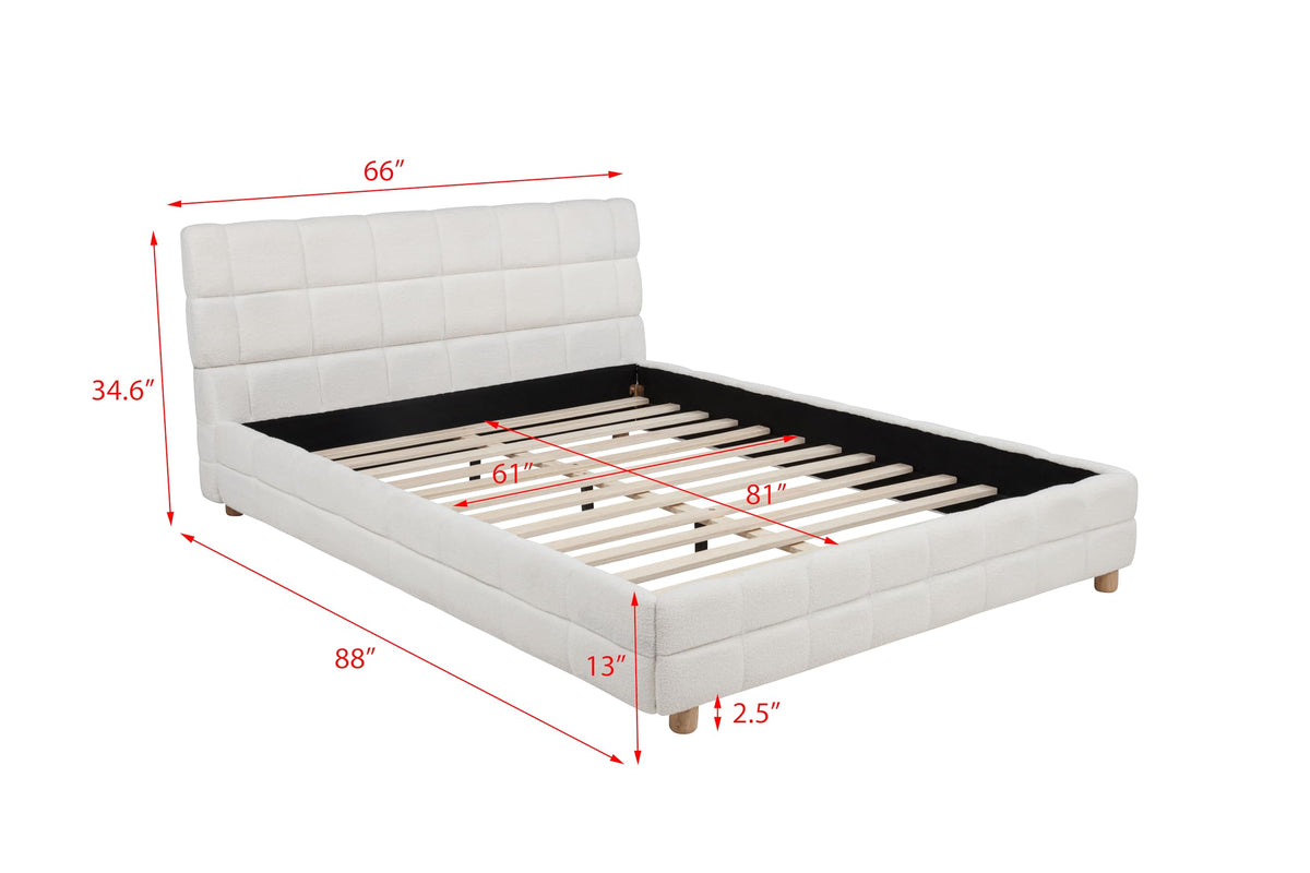 Ctalon Queen Fleece Upholstered Bed Frame, Low Profile in Cream - side view