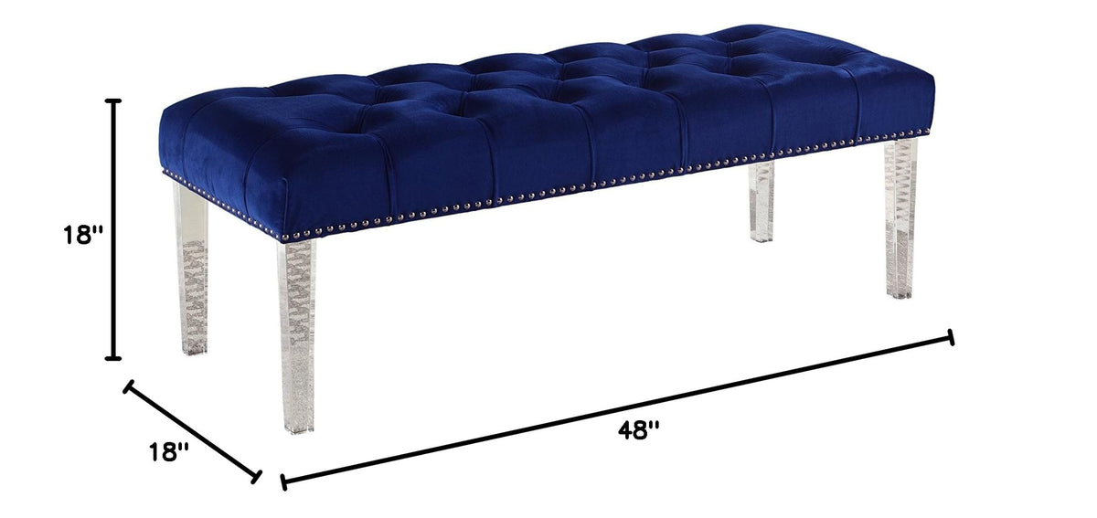 Yafelle 48” Velvet Upholstered Glam Bench with Button Tufted Seat, Silver Nailhead Trim in Blue - side view