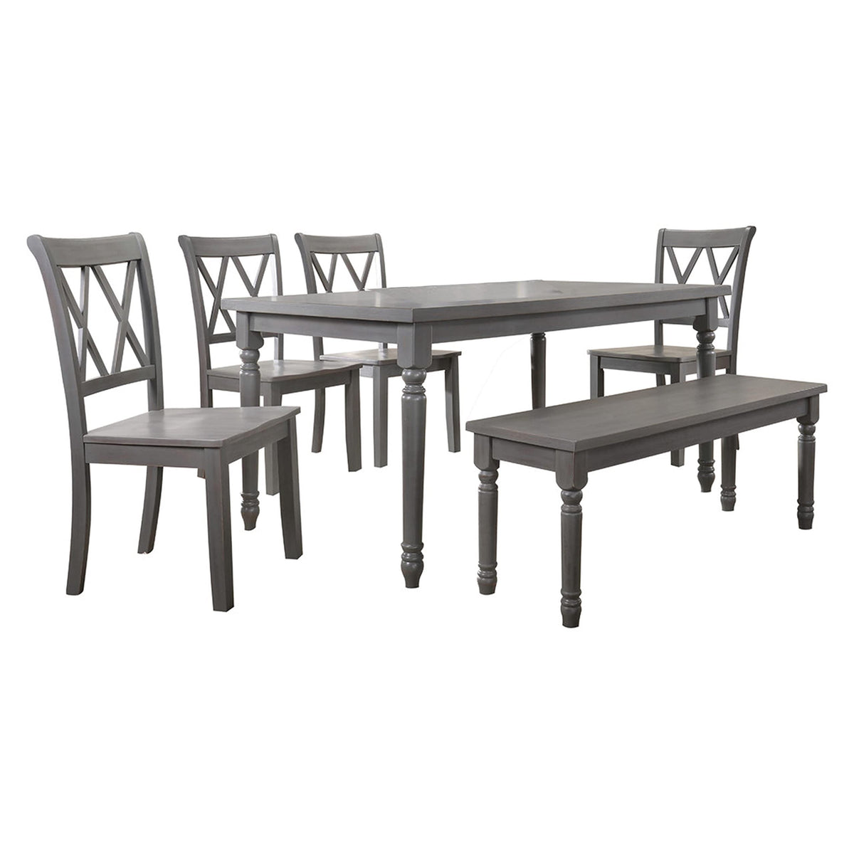 Paige Transitional Wood Frame 6 Pcs Dining Set with Bench in Rustic Grey - front view