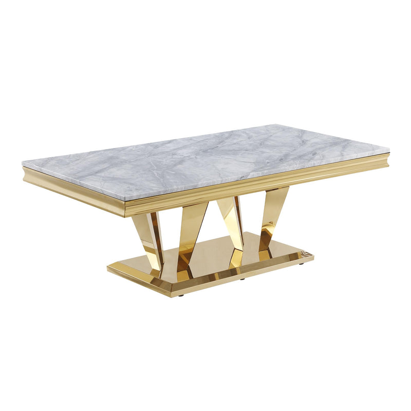 Chihiro Rectangular Stone Coffee Table with Gold Pedestal Base - Contemporary Grey Marble Look