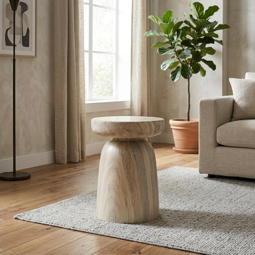 Vyn 14" Modern Round Side Table Concrete Travertine Finish - Cinnamon