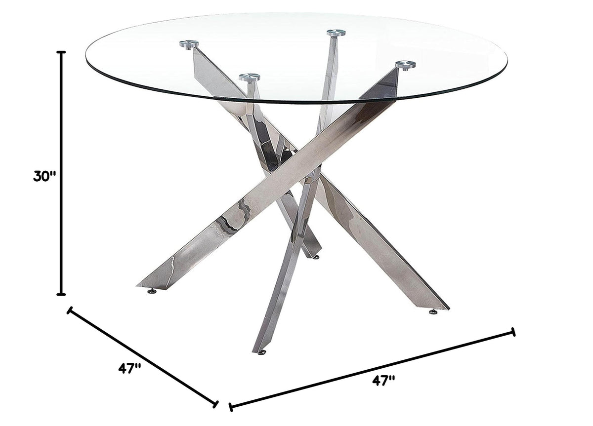 Mirage Top Mid-Century Modern Round Glass Dining Table Only in Stainless Steel - side view
