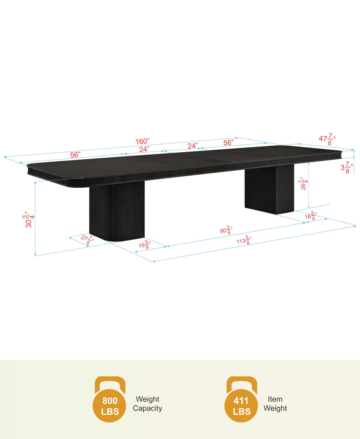 Dinsmore 160" Mid Century Modern Fluted Rectangle Dining Table - side view