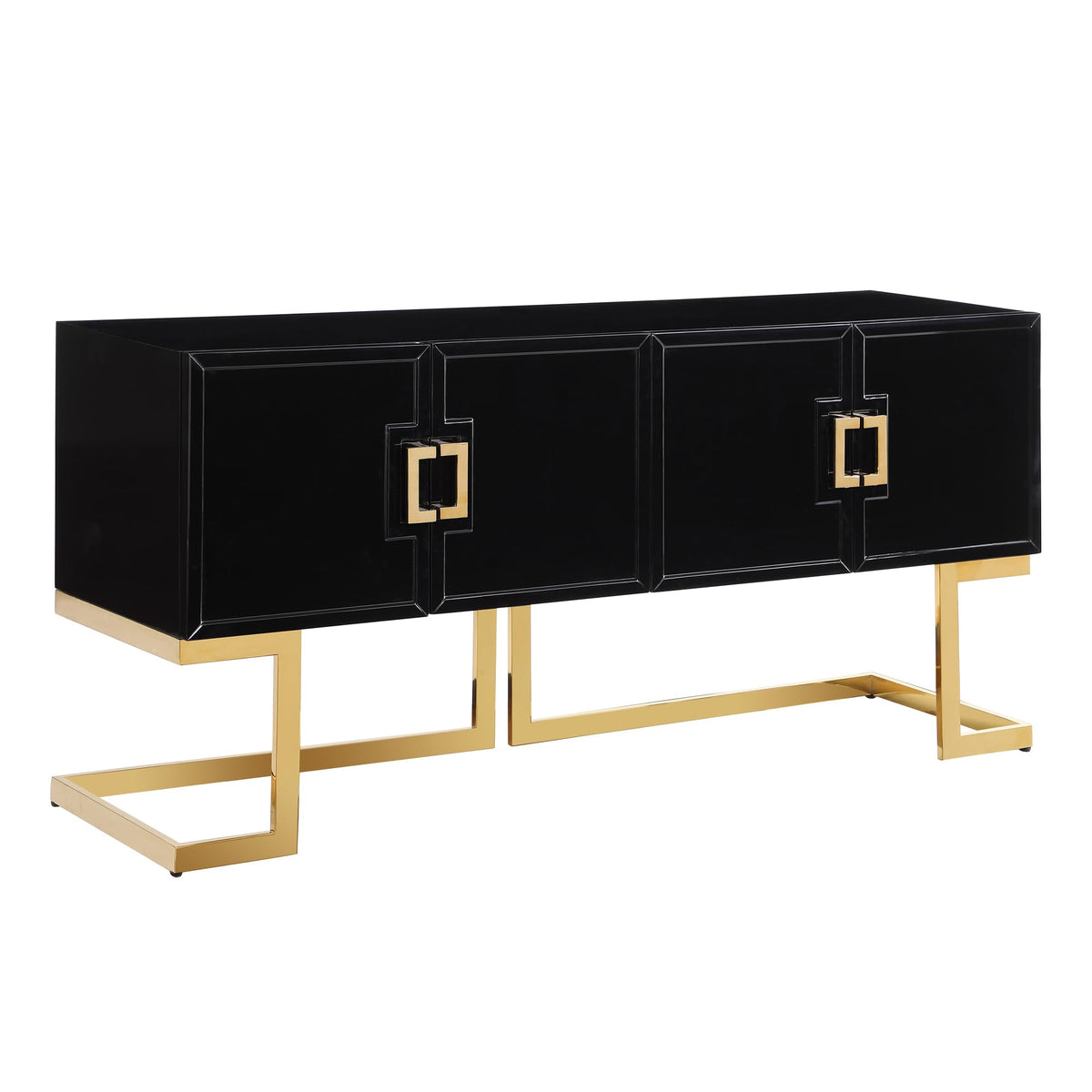 Tommy Contemporary High Gloss Lacquer Sideboard/Buffet with Gold Handles in Black - Black