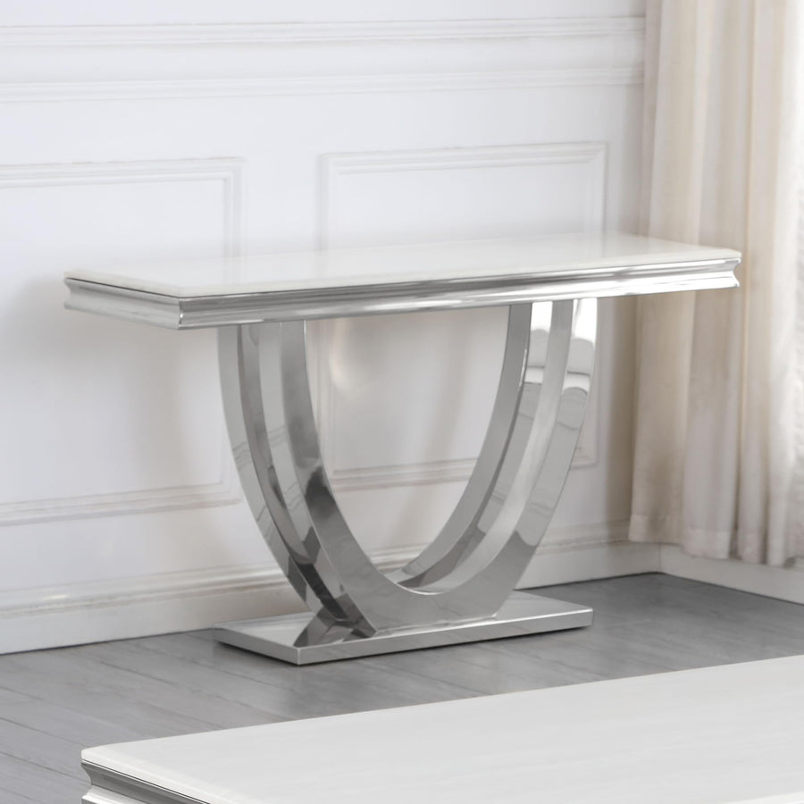 Trinidad Contemporary White Rectangular Stone Console Table in Silver