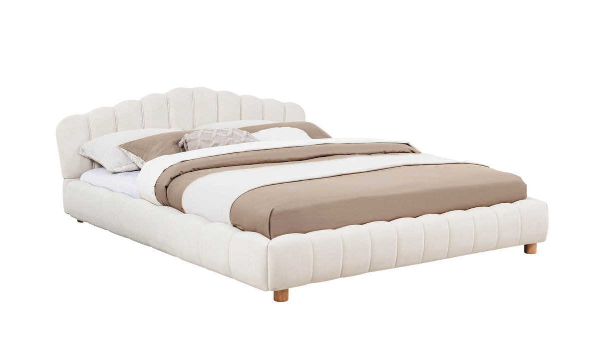Ctera Queen Velvet Bed Frame with 30" Shell-Shaped Headboard, Low Profile in Cream