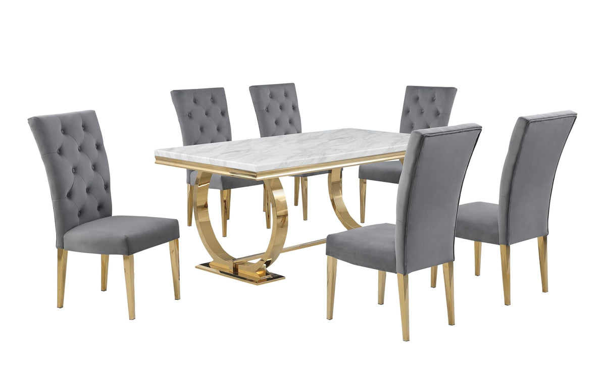 Lexington 7-Piece Rectangle Dining Set with 6 Velvet Upholstered Chairs, Modern Contemporary Design in Grey/Gold