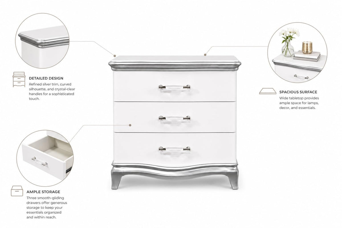 Nina White & Silver Wood Nightstand — product view 4