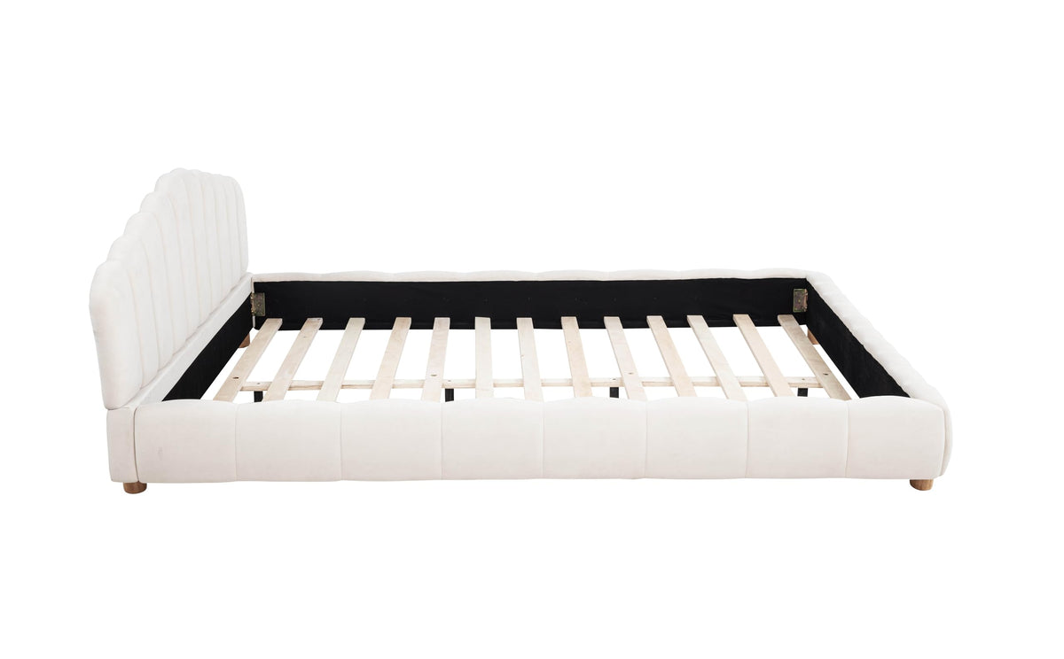 Ctera Queen Velvet Bed Frame with 30" Shell-Shaped Headboard, Low Profile in Cream - angle view