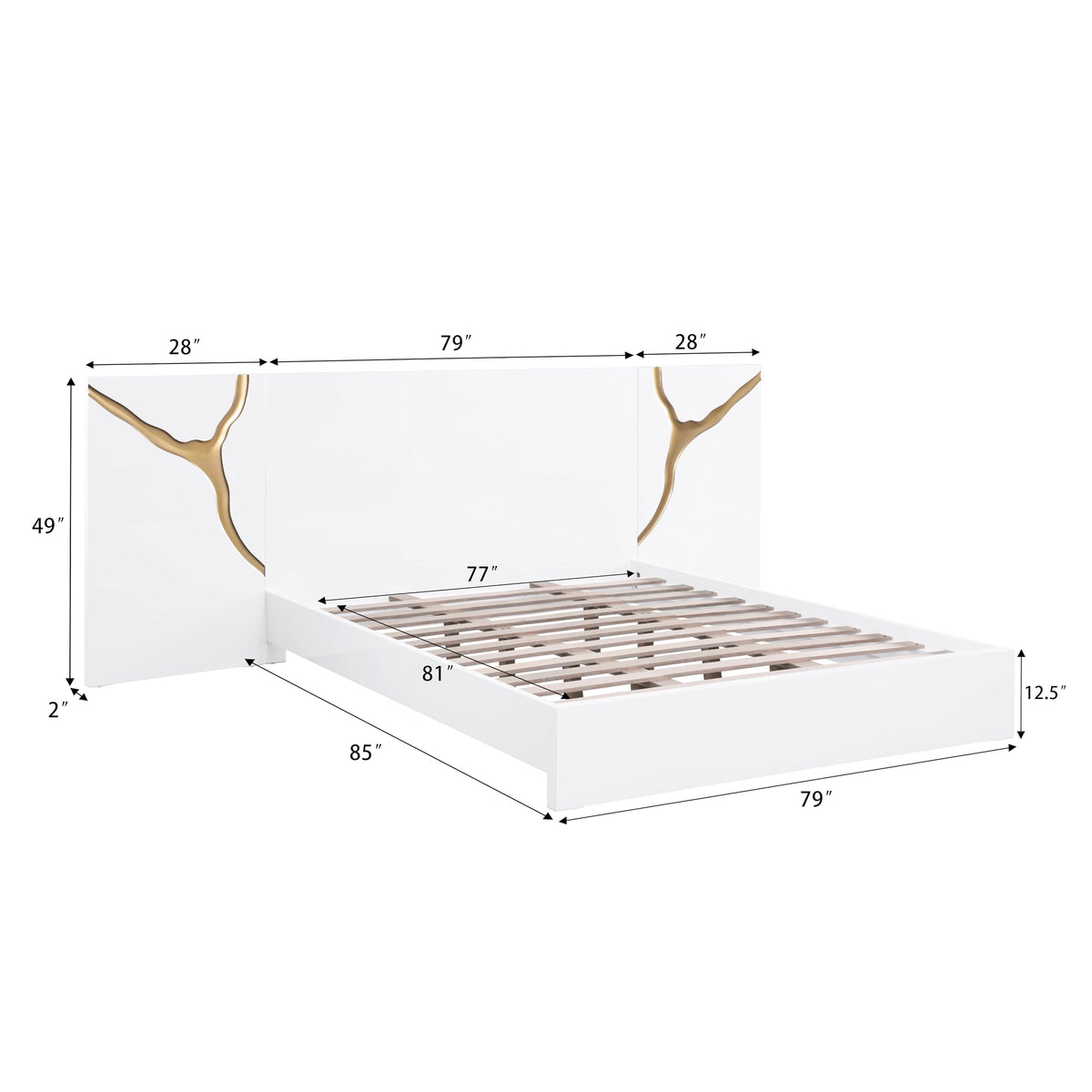 Trevello Modern Lacquered High Gloss Eastern King Bed Frame, Expansive Headboard with Optional… - side view - White/Gold