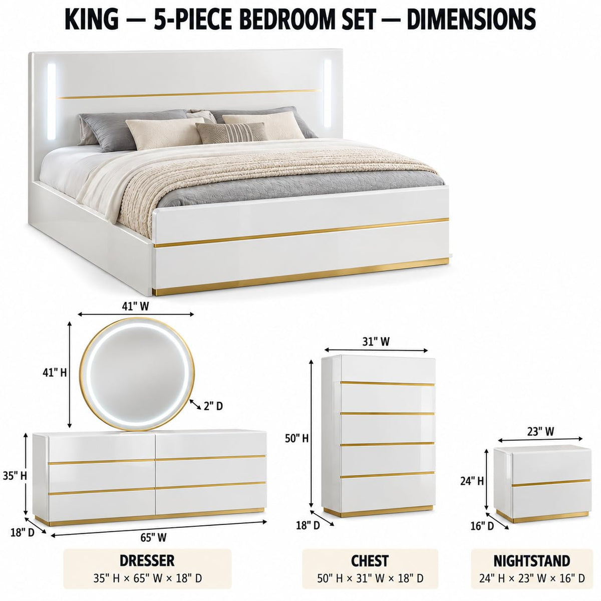 Florence White & Gold Bedroom Set β Queen & King β product view 6