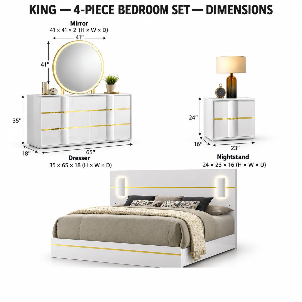 Florence White & Gold Bedroom Set β Queen & King β product view 2