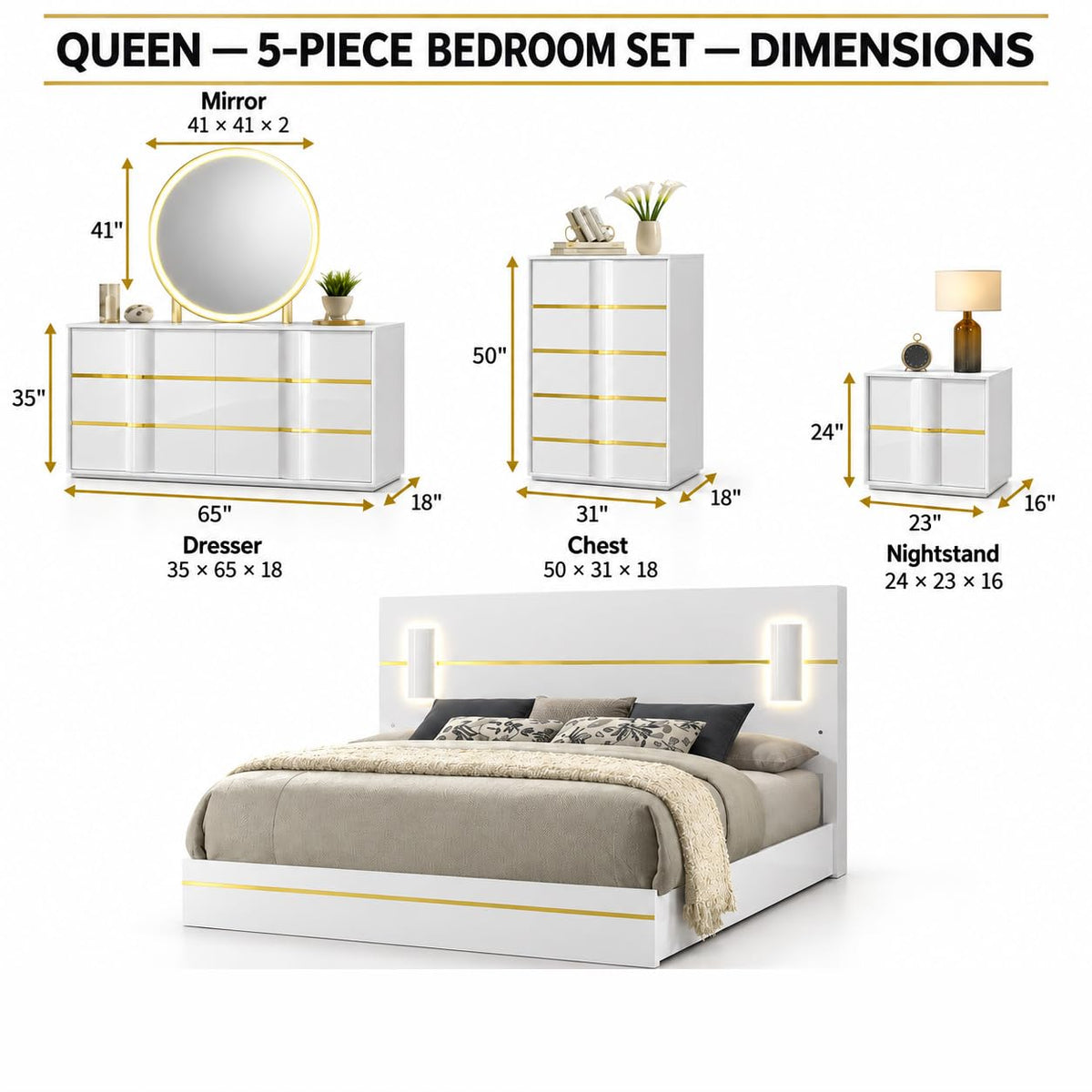 Florence White & Gold Bedroom Set β Queen & King β product view 9