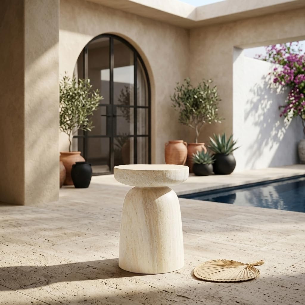 Vyn 14" Modern Round Side Table Concrete Tavertine Finish - front view