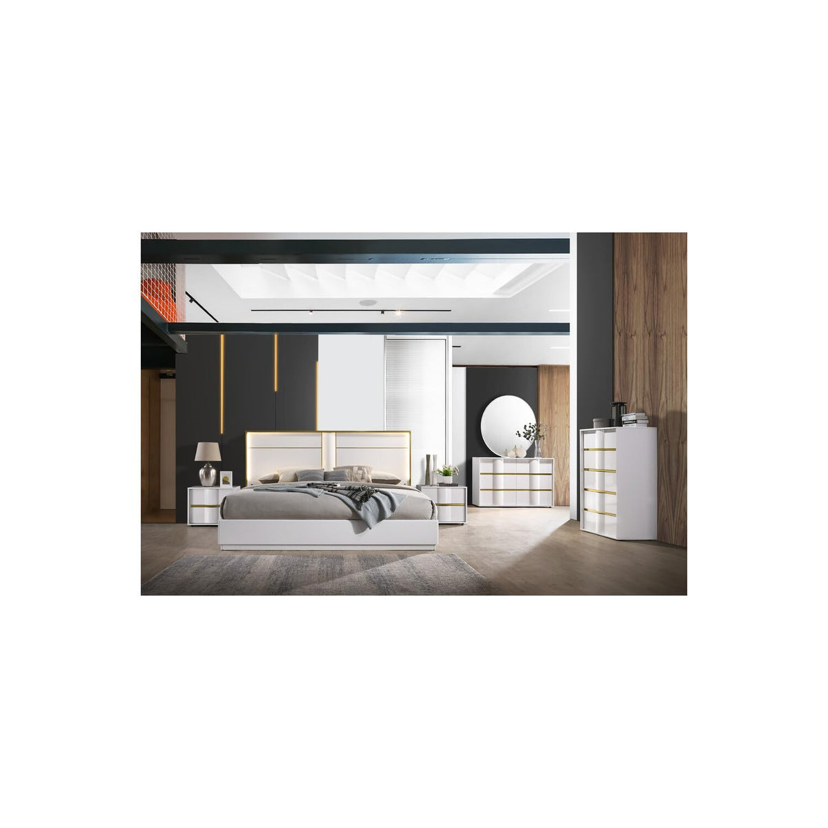 Havana Poplar Wood Cali King Platform Bed in White with Gold Trim in Multi Color - angle view