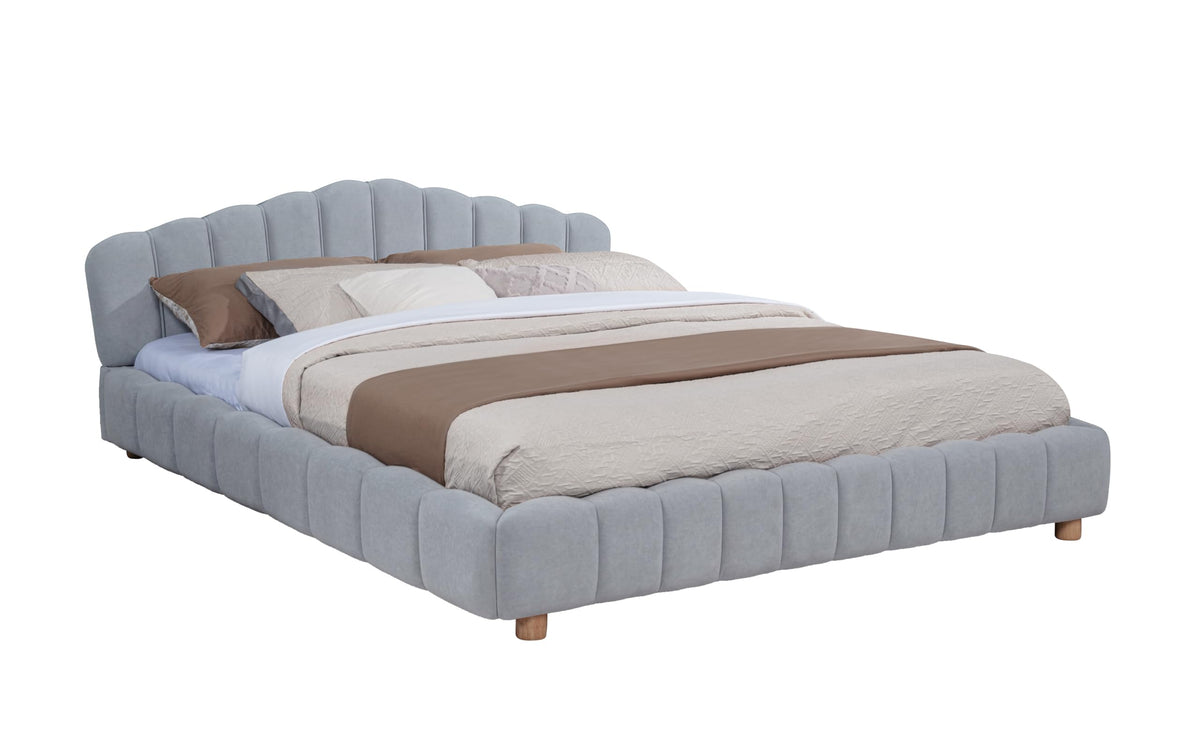 Ctera Queen Velvet Bed Frame with 30" Shell-Shaped Headboard, Low Profile in Light Grey