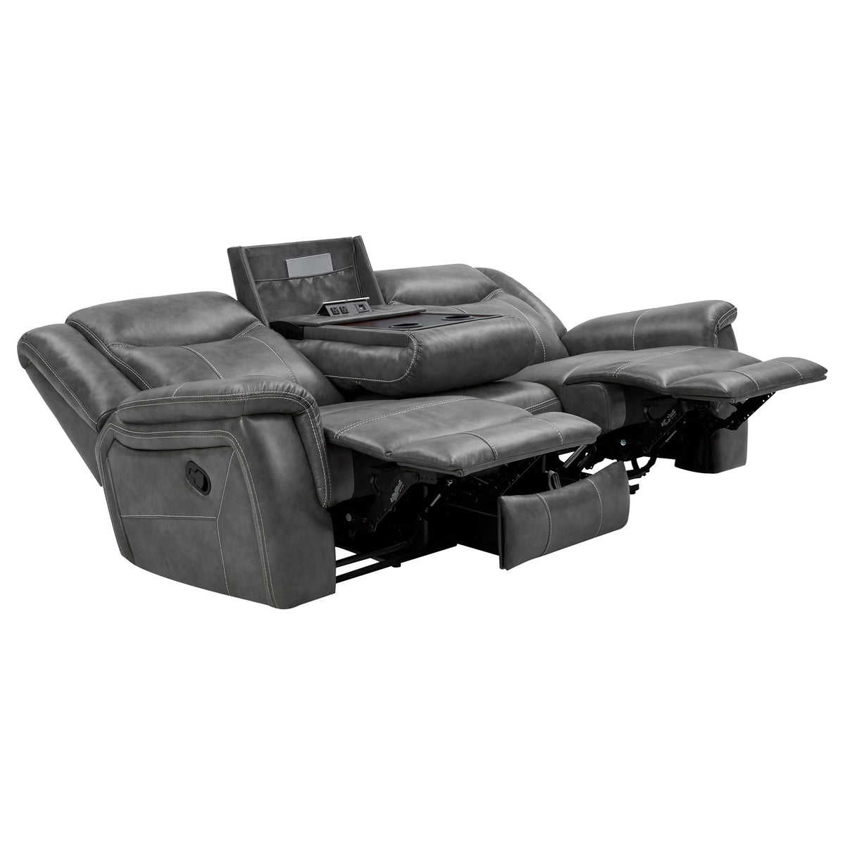 Conrad Reclining Sofa, Glider Loveseat & Recliner - Grey Faux Leather with Cup Holders & Power Outlets – view 9