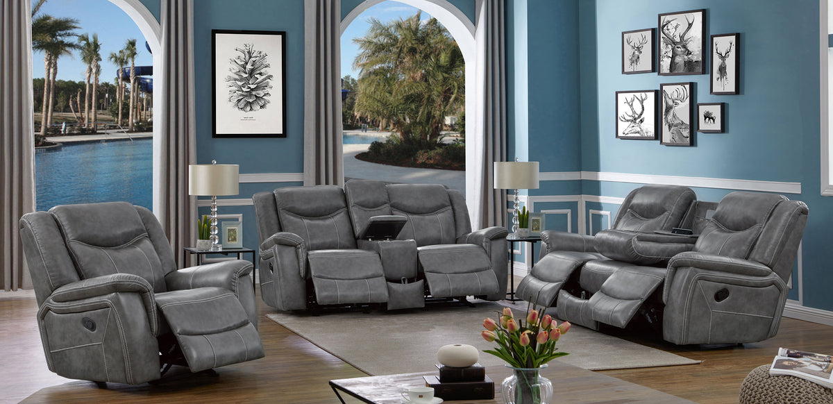 Conrad Reclining Sofa, Glider Loveseat & Recliner - Grey Faux Leather with Cup Holders & Power Outlets – view 20