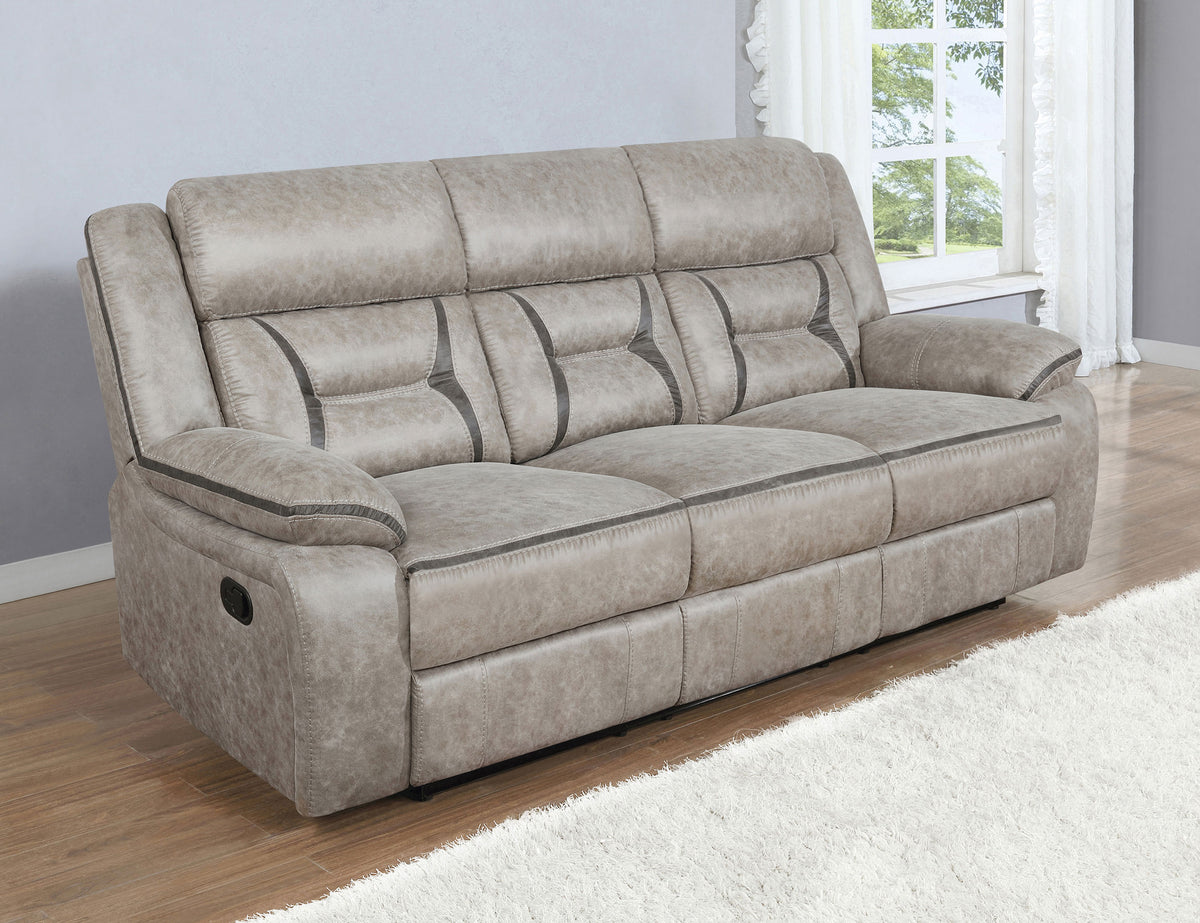 Greer Reclining Sofa, Glider Loveseat & Swivel Glider Recliner - Taupe Faux Leather with Power & USB โ view 1