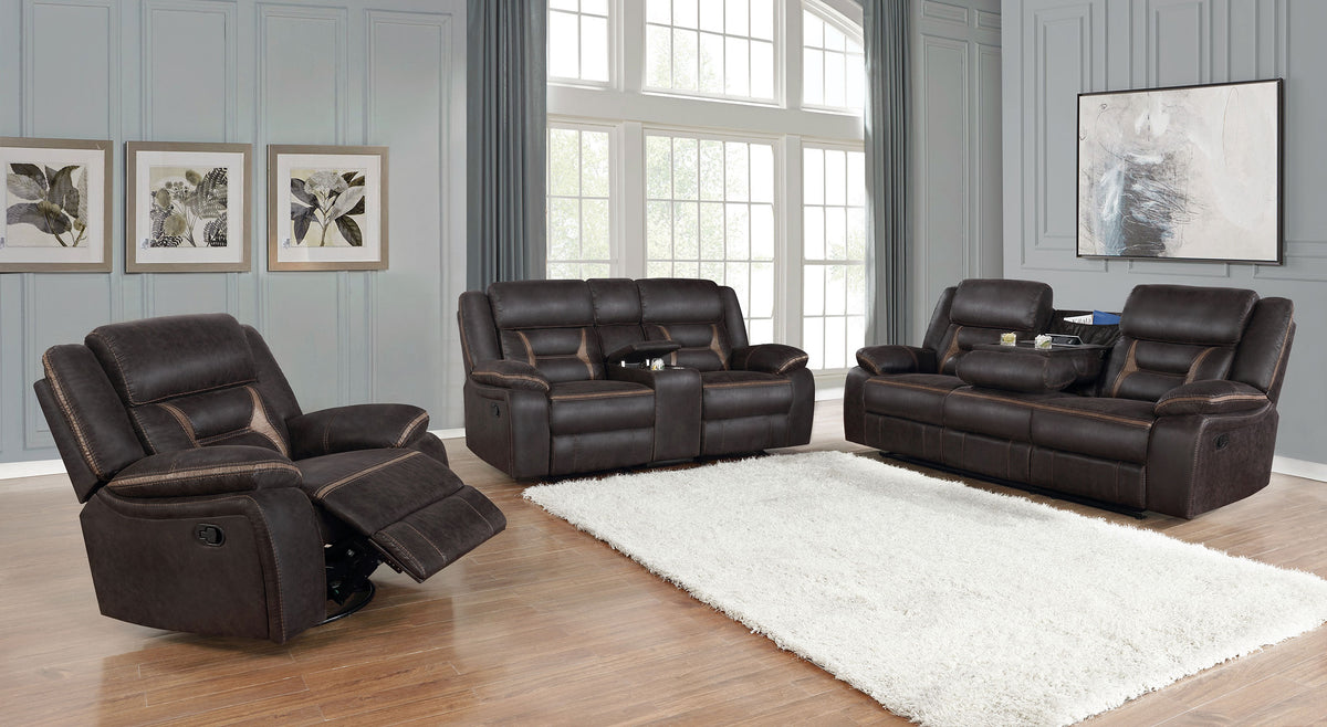 Greer Reclining Sofa, Glider Loveseat & Swivel Recliner - Brown Faux Leather with Power Hub & Cup Holders – view 13