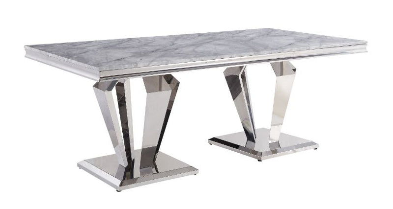 Satinka 79" Dining Table - Faux Marble Top & Stainless Steel Base in Light Gray & Silver