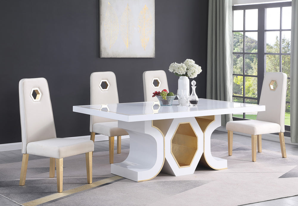 Detail view of the FOAK high-gloss white tabletop surface and gold structural metal frame.