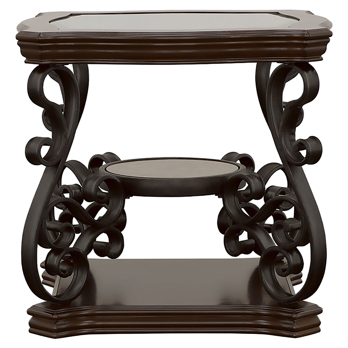 Laney Glass Top Coffee, End & Sofa Tables - Traditional Scrollwork in Dark Merlot & Bronze – view 20