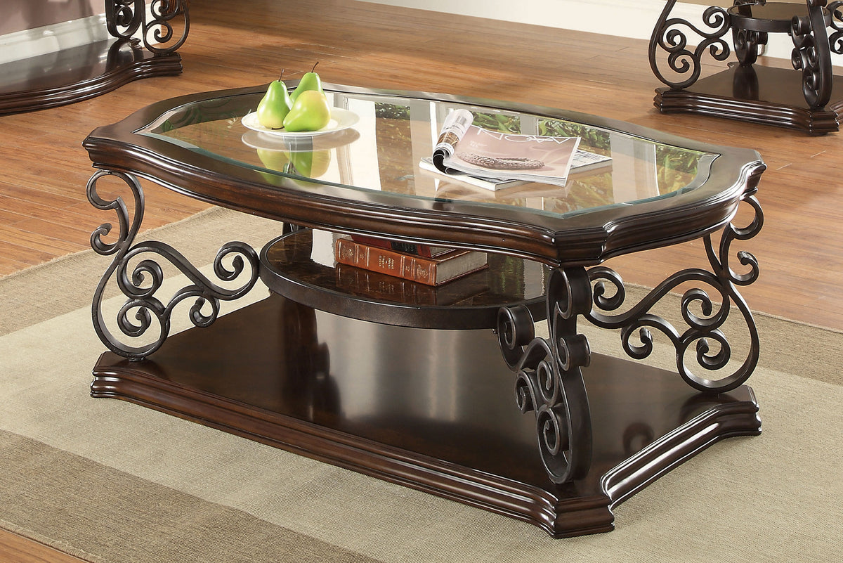 Laney Glass Top Coffee, End & Sofa Tables - Traditional Scrollwork in Dark Merlot & Bronze – view 1