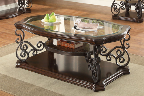 Laney Glass Top Coffee, End & Sofa Tables - Traditional Scrollwork in Dark Merlot & Bronze