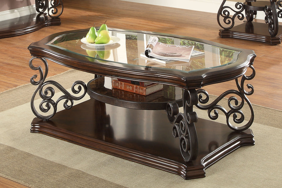 Laney Glass Top Coffee, End & Sofa Tables - Traditional Scrollwork in Dark Merlot & Bronze