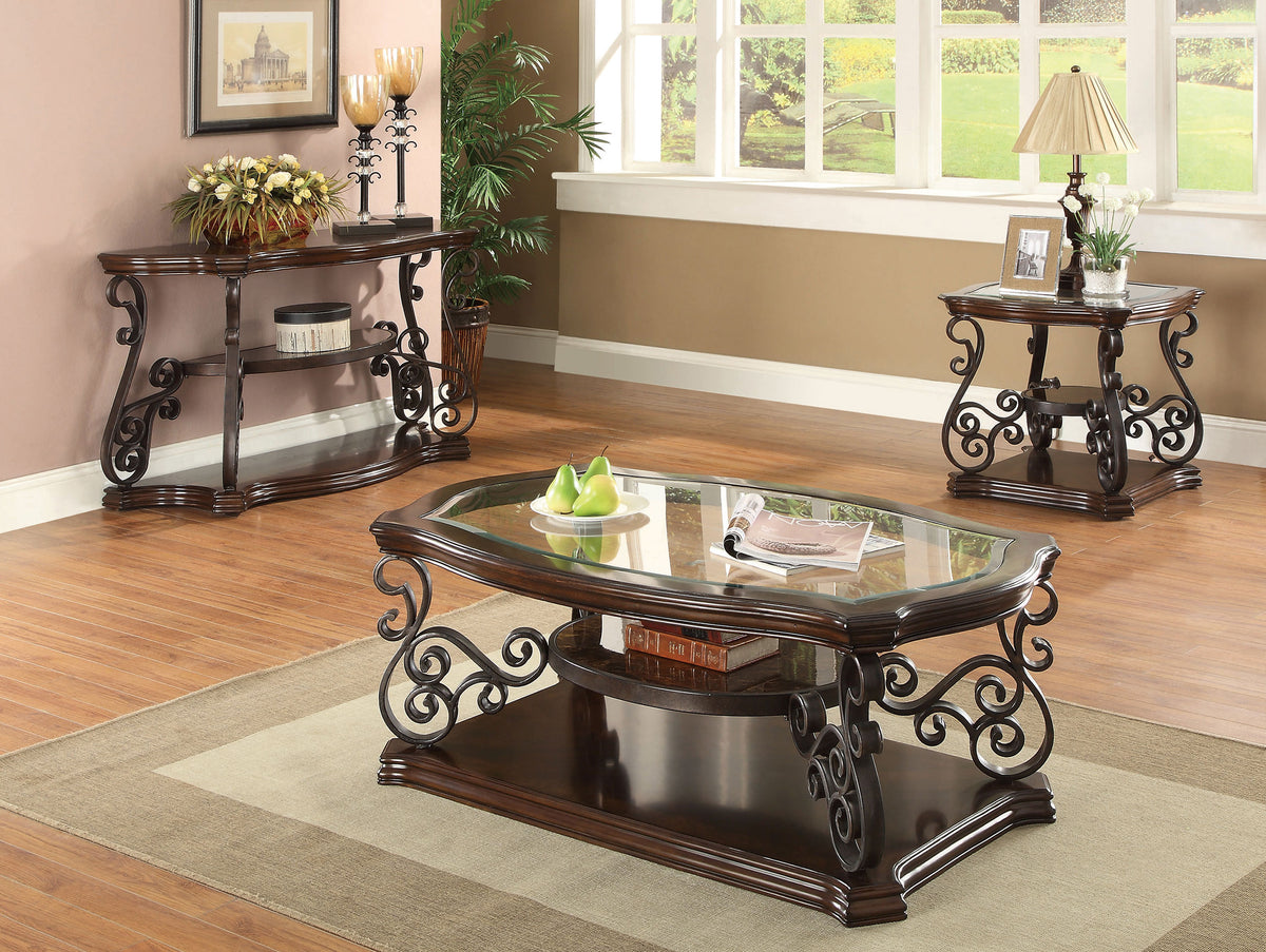Laney Glass Top Coffee, End & Sofa Tables - Traditional Scrollwork in Dark Merlot & Bronze – view 16