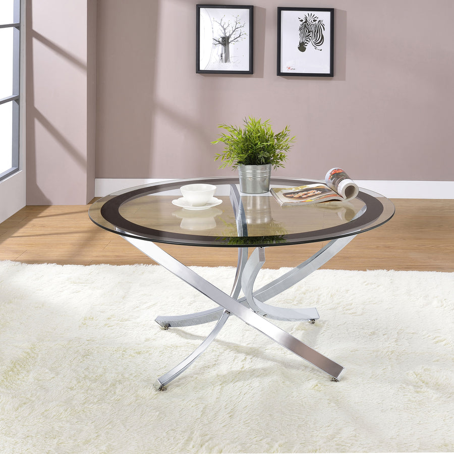 Brooke Round Glass Top Coffee Table & End Table - Crisscross Chrome Base with Black Frame, Table Sets