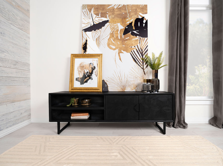 Marsden 70" Mango Wood TV Stand - Charcoal Black with Ornate Iron Hardware & Bracket Legs