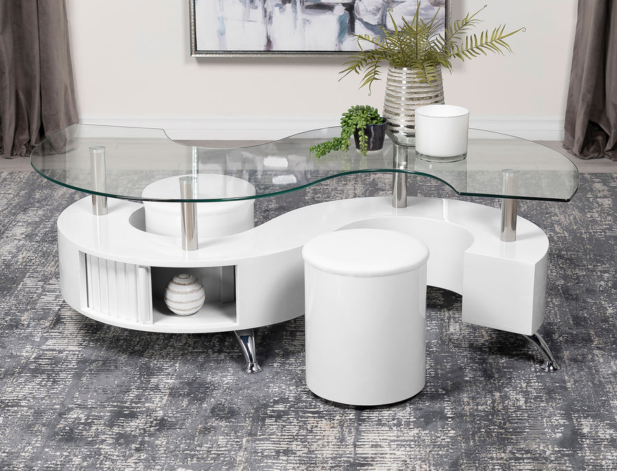 Buckley 3-Piece Coffee Table & Stools Set - Serpentine Glass Top with Storage in White High Gloss