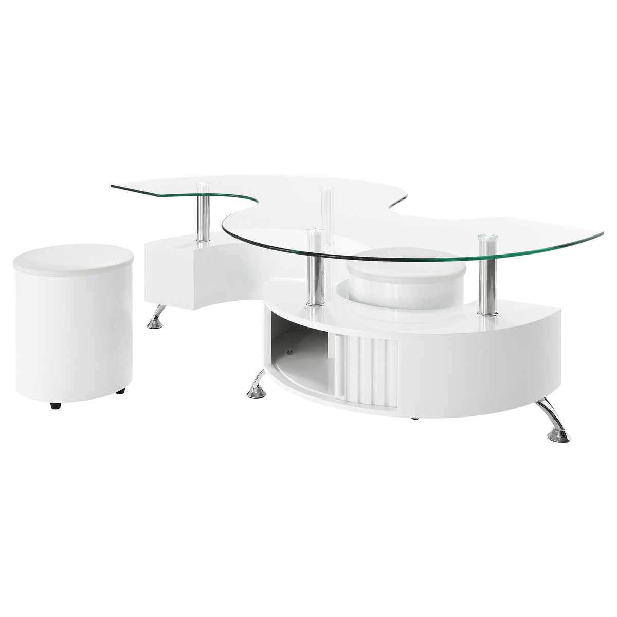 Buckley 3-Piece Coffee Table & Stools Set - Serpentine Glass Top with Storage in White High Gloss – view 4