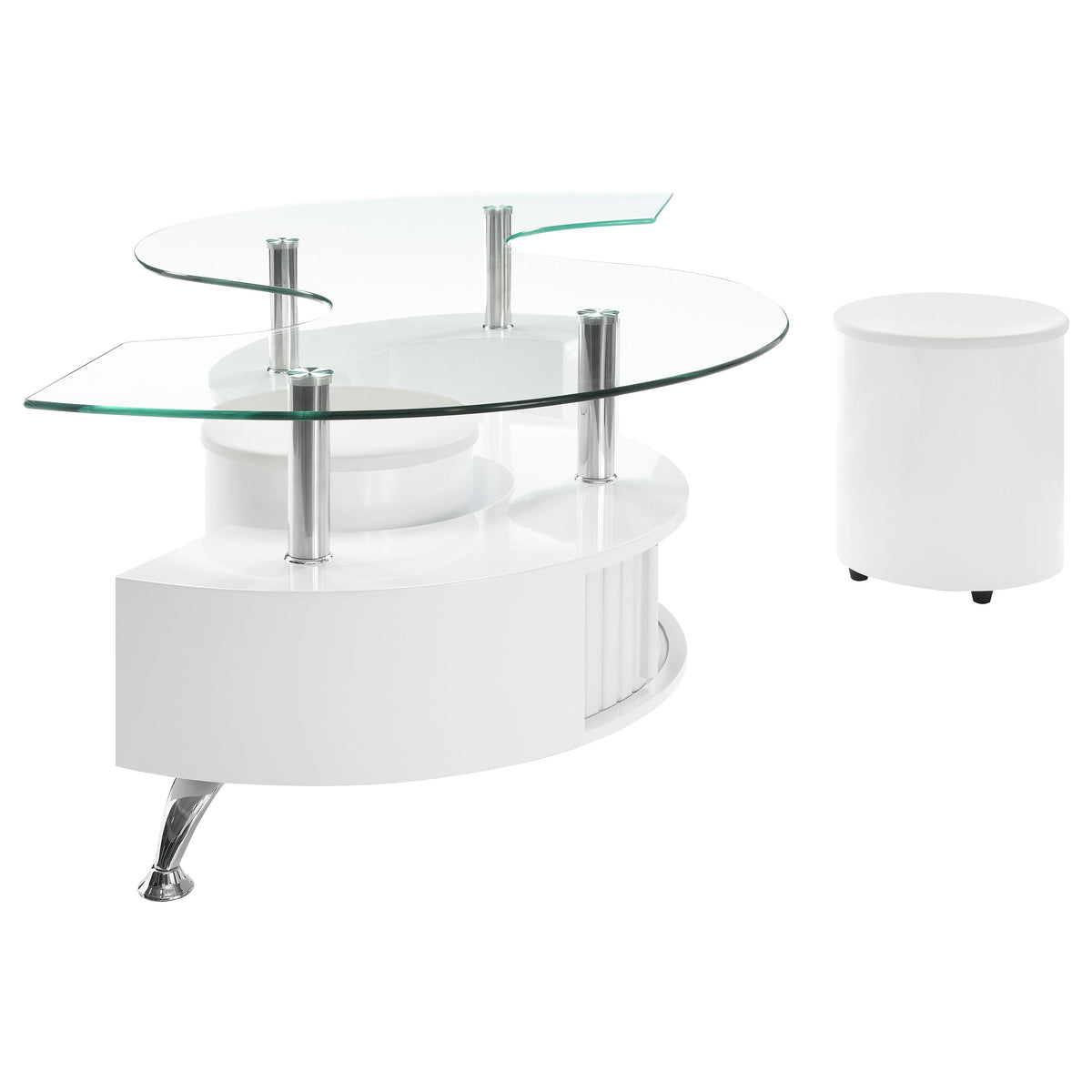 Buckley 3-Piece Coffee Table & Stools Set - Serpentine Glass Top with Storage in White High Gloss – view 6