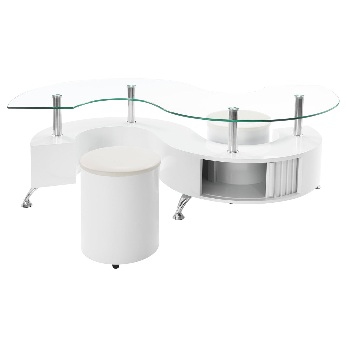 Buckley 3-Piece Coffee Table & Stools Set - Serpentine Glass Top with Storage in White High Gloss – view 7
