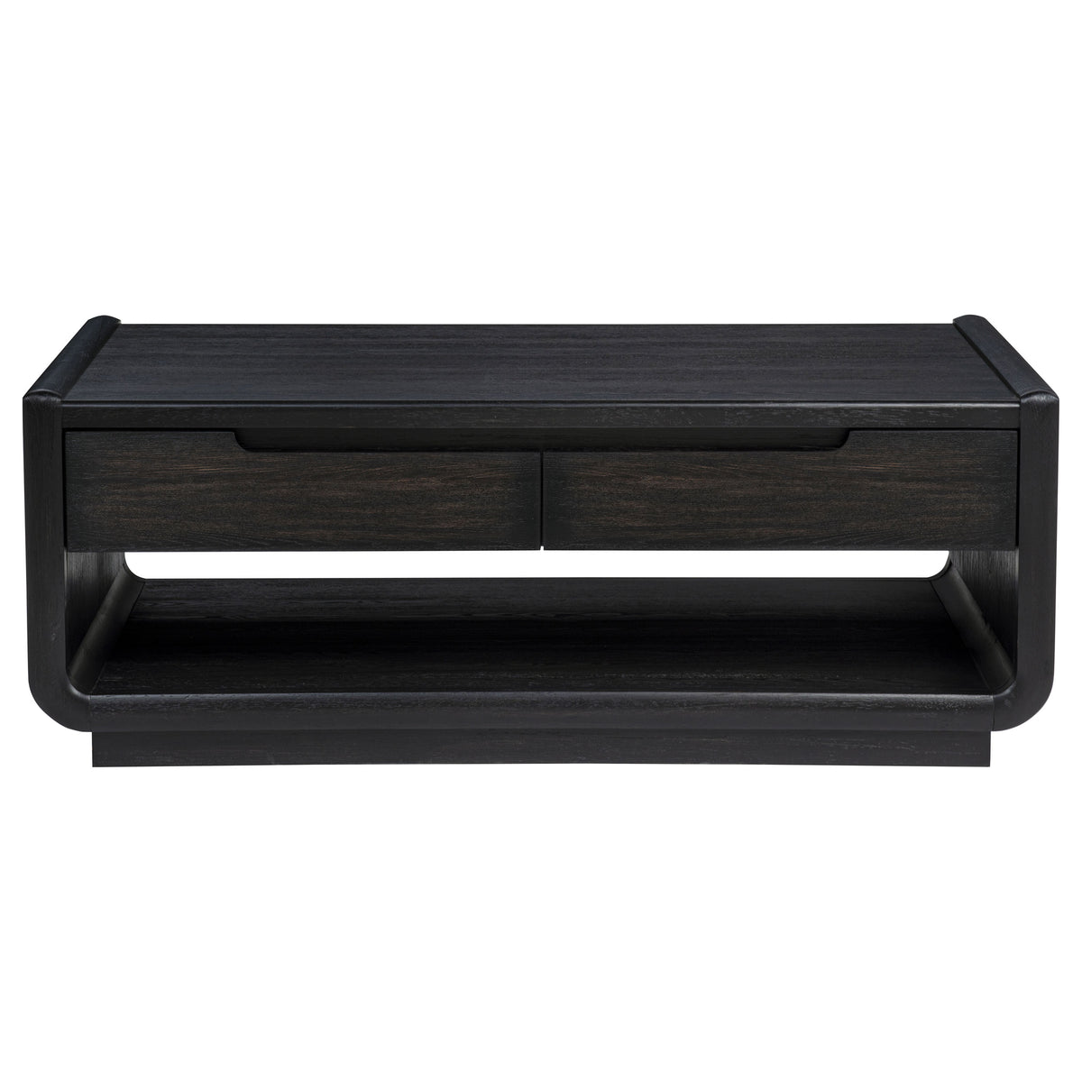 Leandro Coffee Table, End Table & Sofa Console - Burnished Black Ash with Drawers & Open Shelves – view 7