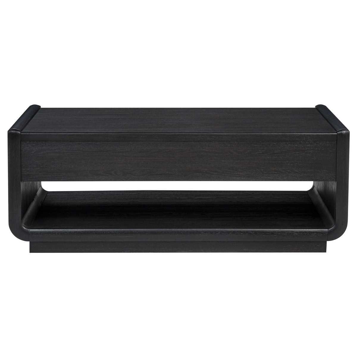 Leandro Coffee Table, End Table & Sofa Console - Burnished Black Ash with Drawers & Open Shelves – view 11