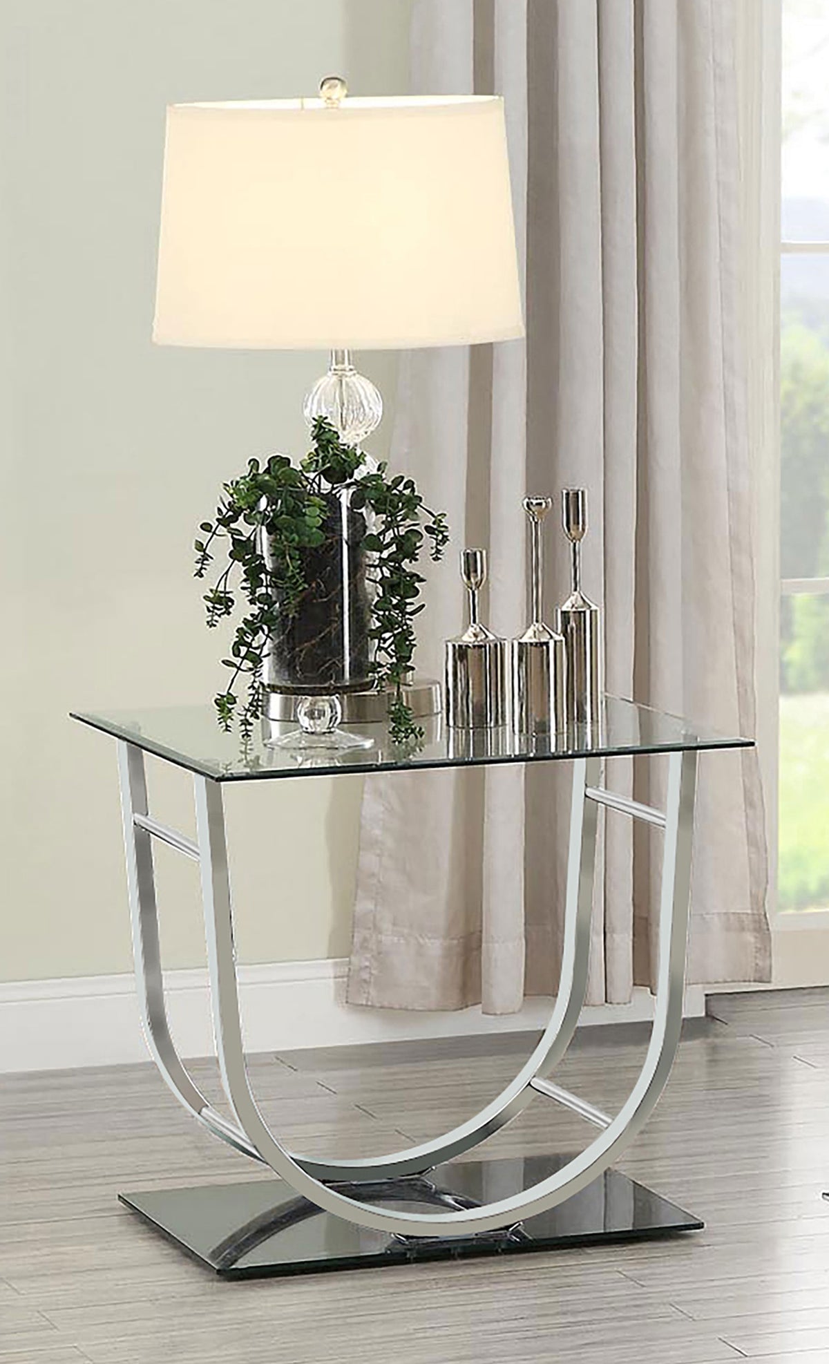 Danville Glass Top Coffee, End & Console Tables - Mirrored Base with Curved Chrome Frame – view 2