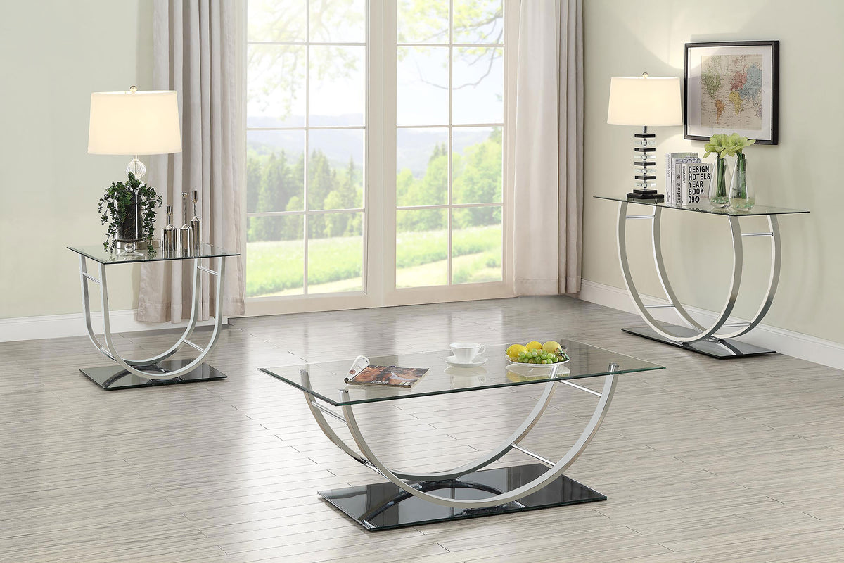 Danville Glass Top Coffee, End & Console Tables - Mirrored Base with Curved Chrome Frame – view 18