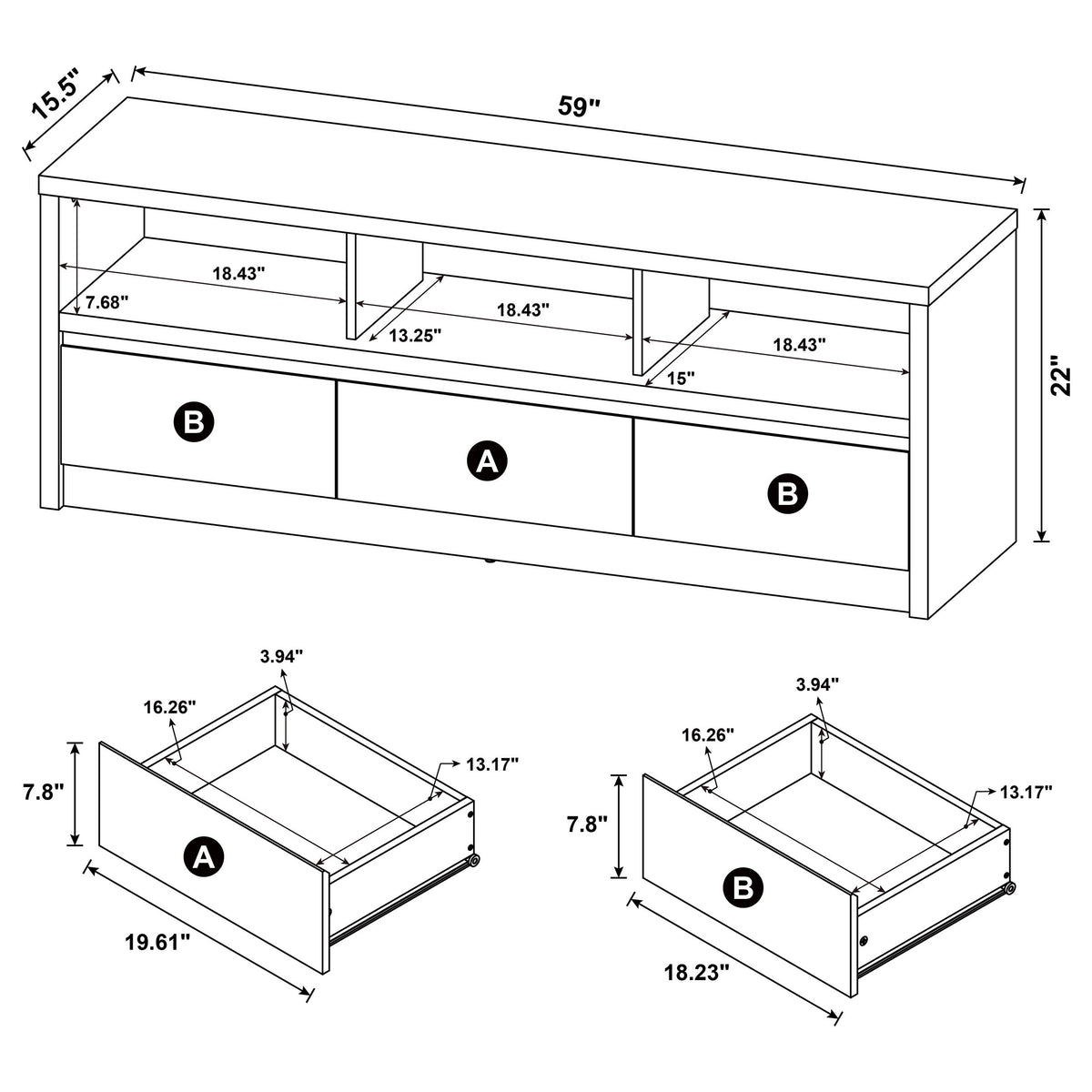 Rutland 59" TV Stand - 3-Drawer Media Console with Open Shelves & Cord Management in Black β view 11
