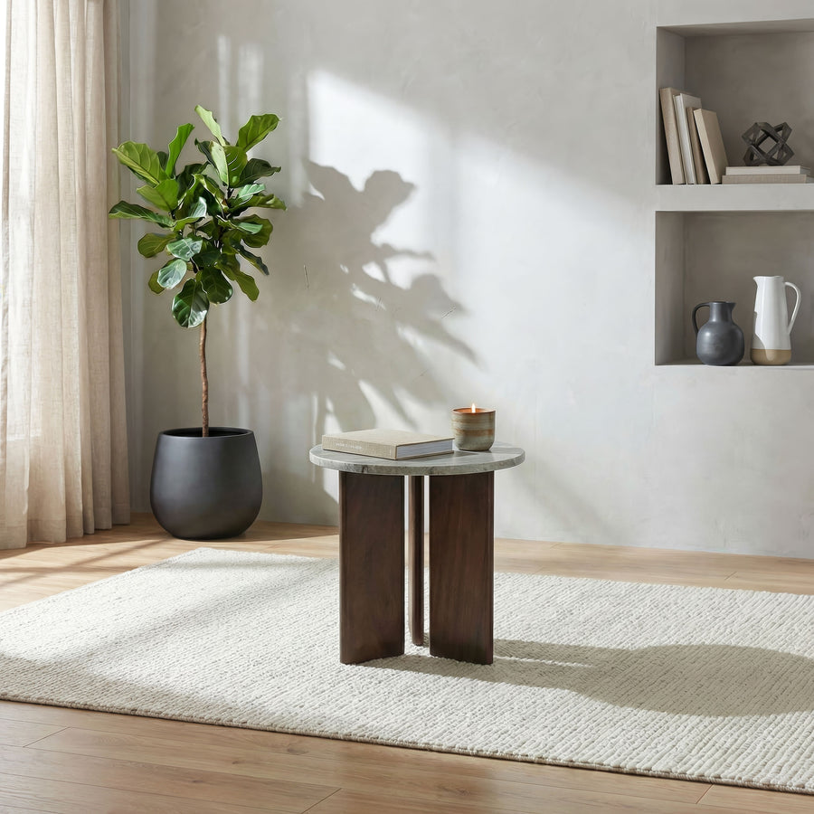 Jenna Round Marble Top Coffee Table & End Table Sets - Solid Mango Wood Angular Legs in Brown